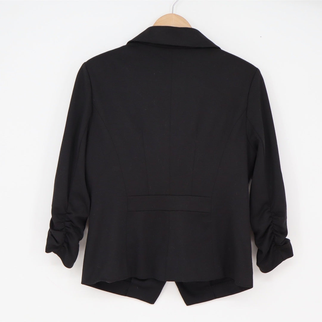 Suzy Shier Blazer Womens M Ruched 3/4 Sleeve Black Stretch Business Excellent