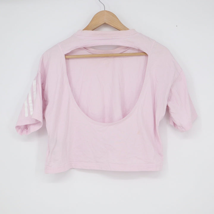 Adidas Womens Pink Open Back Cutout Cropped T-Shirt 3-Stripe Short Sleeve XS