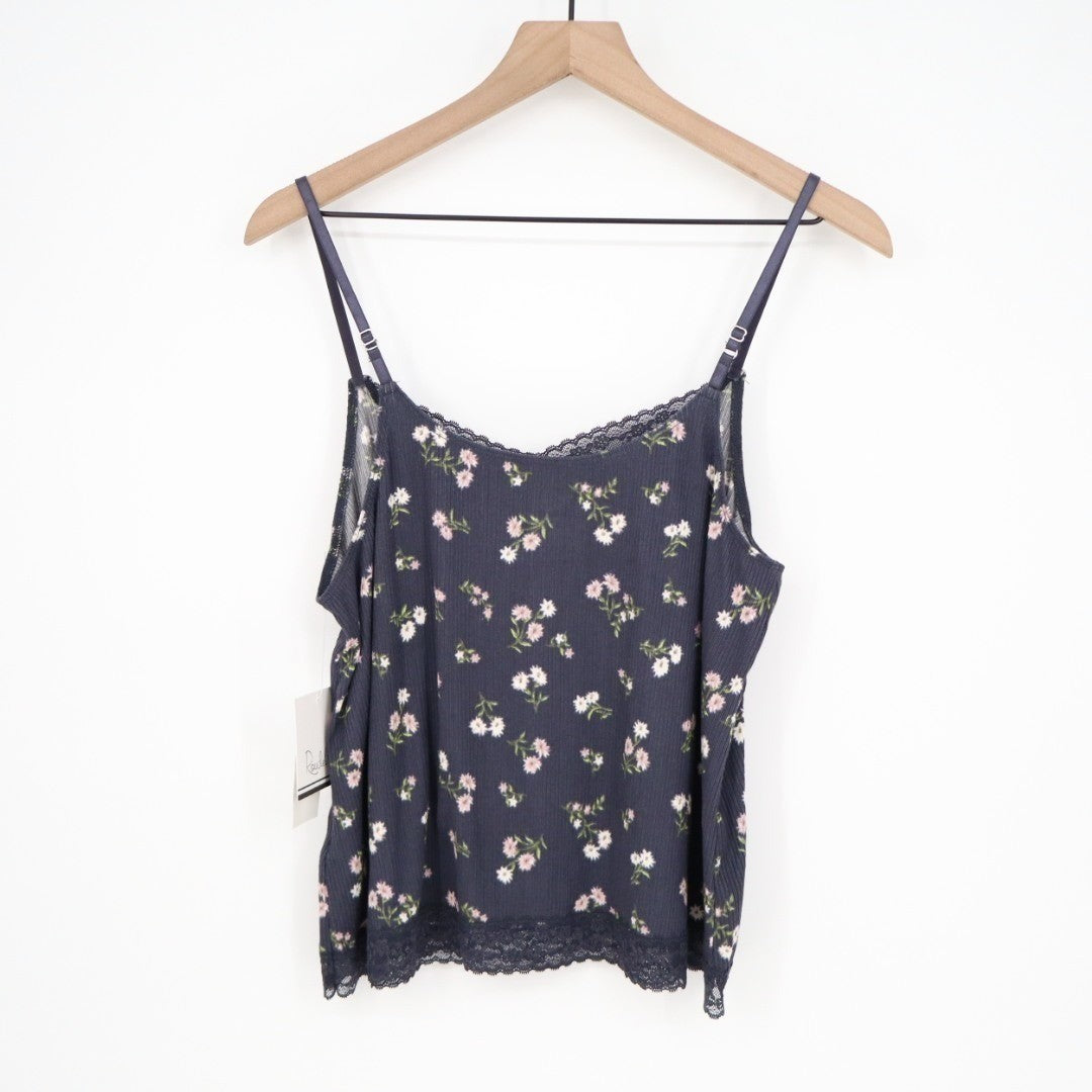 Roudelain Camisole Top Womens Large Navy Floral Stretch Ribbed Spaghetti Strap