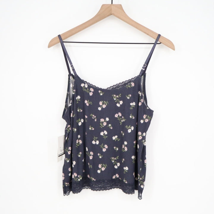 Roudelain Camisole Top Womens Large Navy Floral Stretch Ribbed Spaghetti Strap
