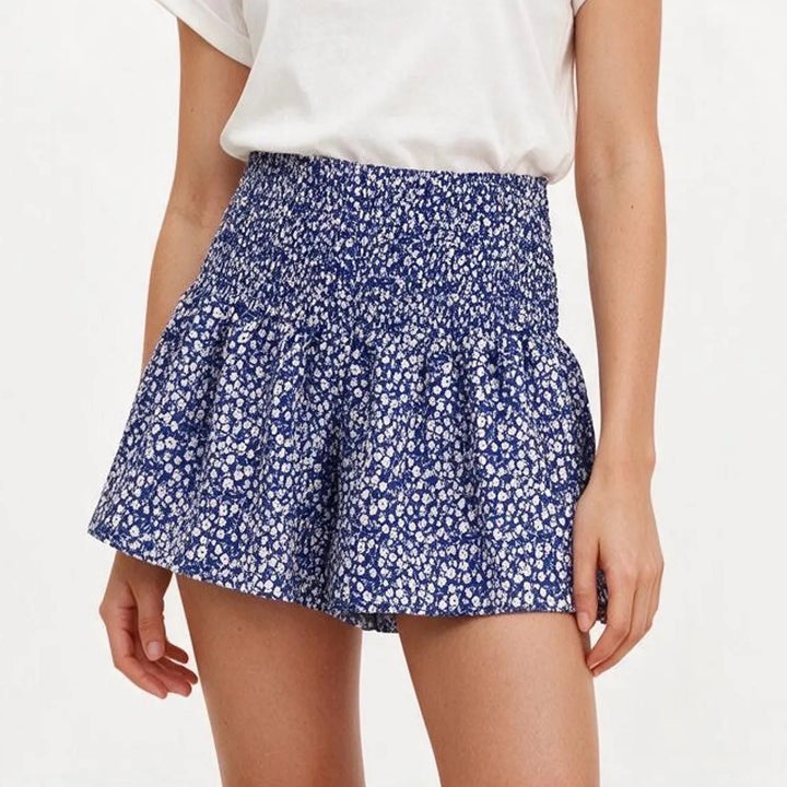 Shein Blue Ditsy Floral Smocked High Waist Shorts Womens Size M