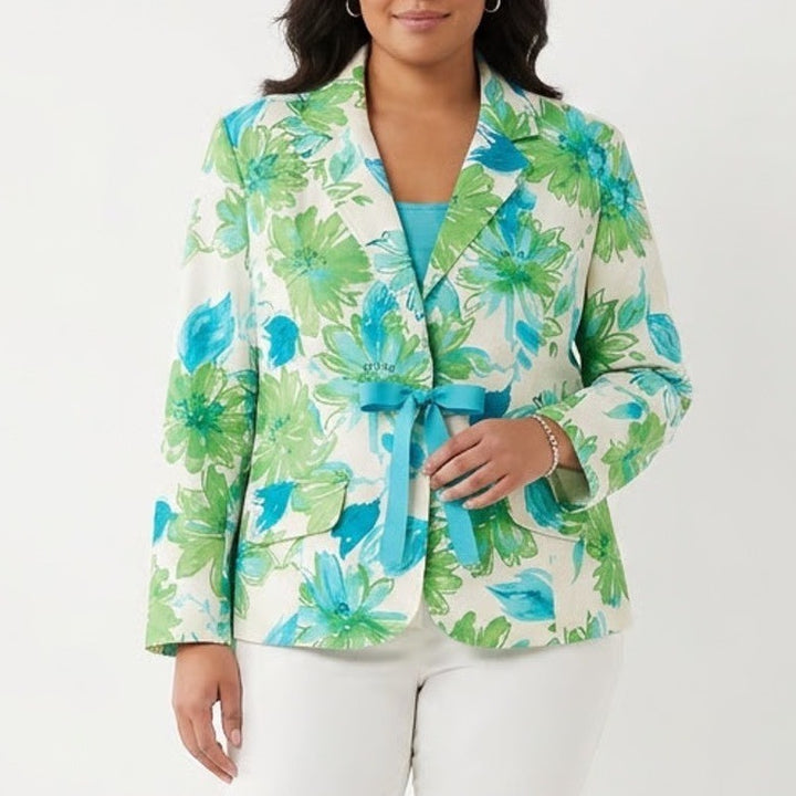 NY Collection Woman Floral Blazer Green Blue Tie Front Plus Size 2X