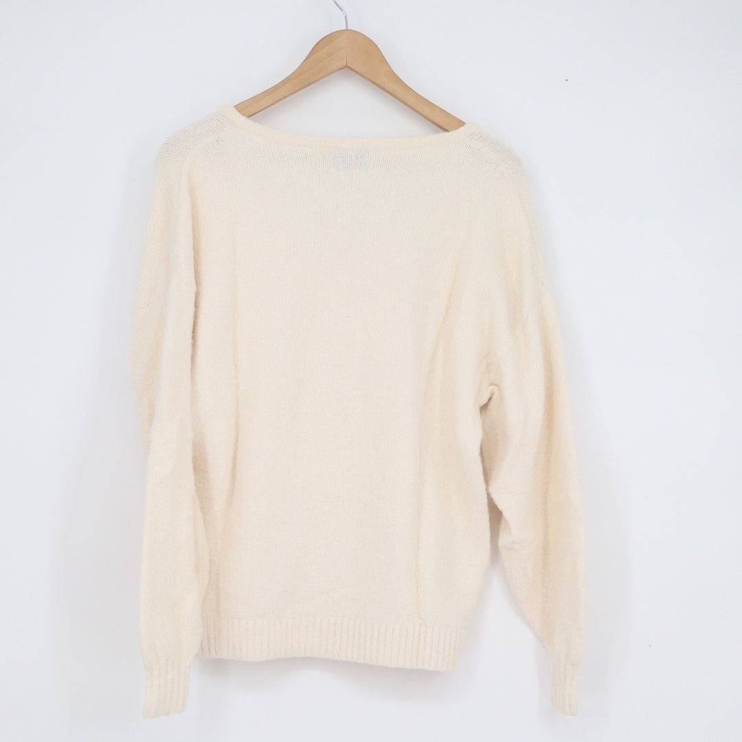 Old Navy Womens XS Cream V-Neck Cotton Blend Fuzzy Knit Pullover Sweater Relaxed