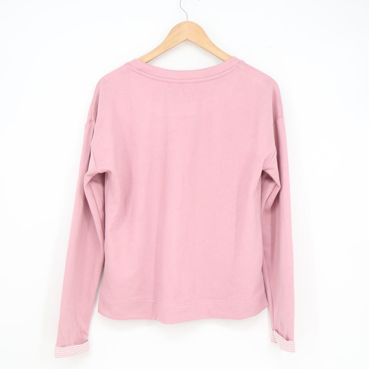 Rae Dunn Lover Pink Graphic Sweatshirt Womens Small Striped Trim Pullover