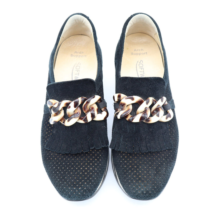 Softwalk Black Suede Platform Loafers Tortoiseshell Chain Kiltie Fringe Size 8