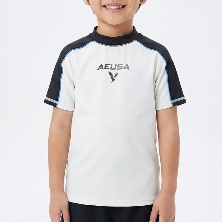 American Eagle Kids Rash Guard Size 8 White Black AEUSA Swim Shirt Short Sleeve