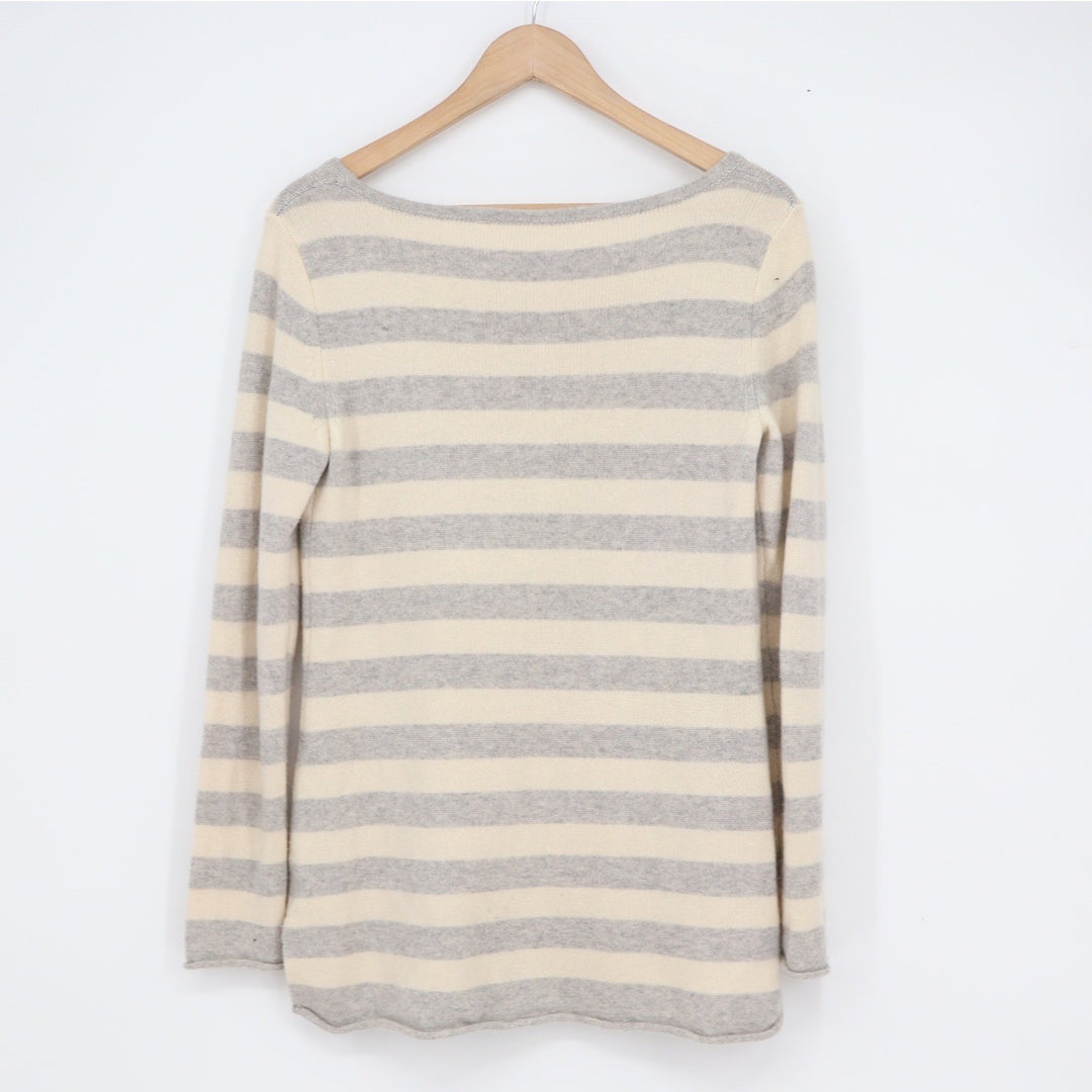 Athleta Womens 100% Cashmere Striped Boat Neck Sweater Grey Cream Small