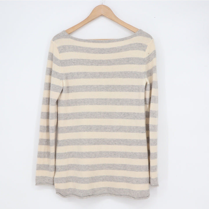 Athleta Womens 100% Cashmere Striped Boat Neck Sweater Grey Cream Small