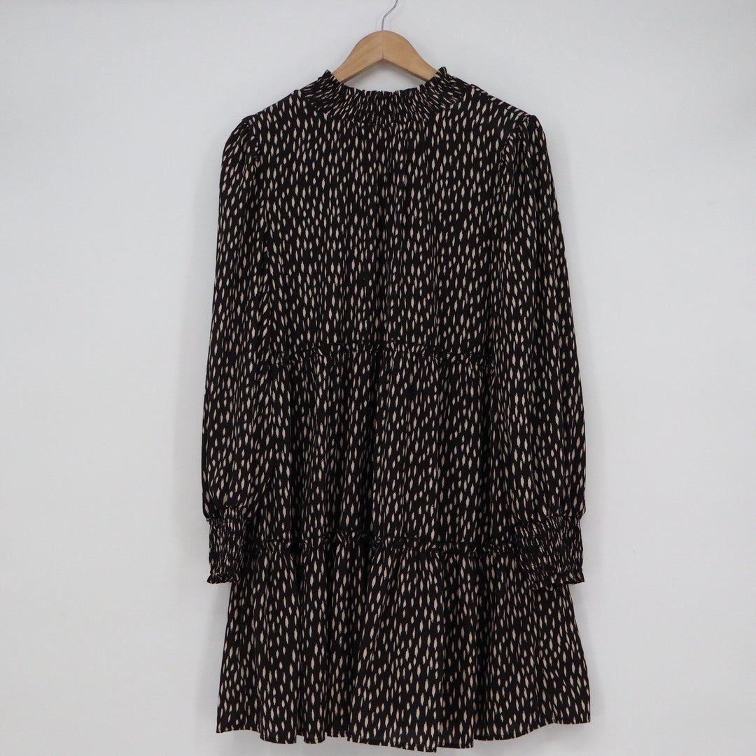 Loveriche Black Beige Abstract Teardrop Print Tiered Babydoll Dress L Tie Back