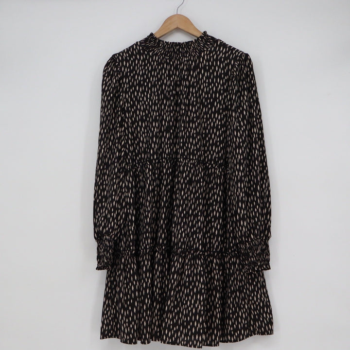 Loveriche Black Beige Abstract Teardrop Print Tiered Babydoll Dress L Tie Back