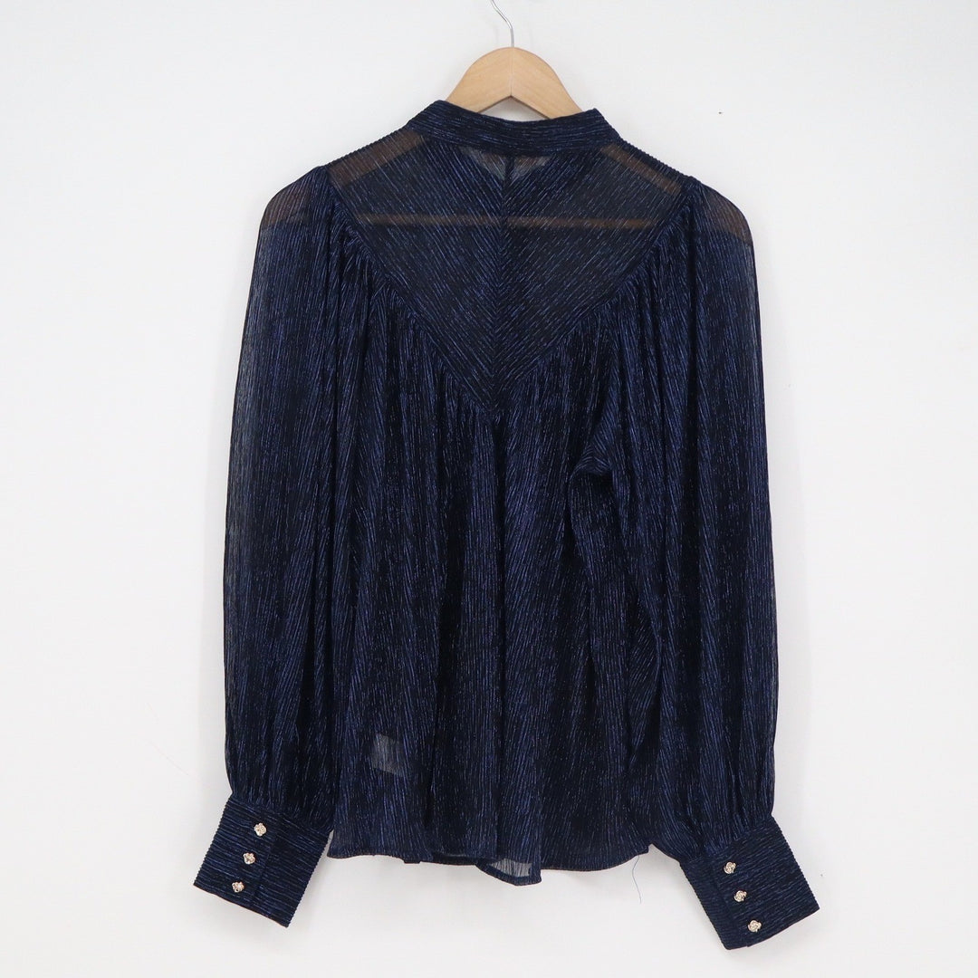 Olivaceous Navy Blue Metallic Pleated Mock Neck Blouse Rose Buttons S