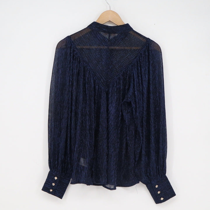 Olivaceous Navy Blue Metallic Pleated Mock Neck Blouse Rose Buttons S