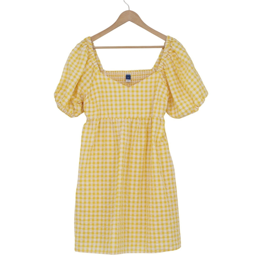 Old Navy Yellow Gingham Puff Sleeve Smocked Mini Dress Medium