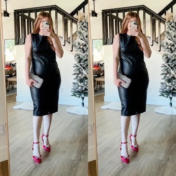 SPANX Il Fitted Dress Luxe Black Sleeveless Sheath Midi Bodycon Career Size S