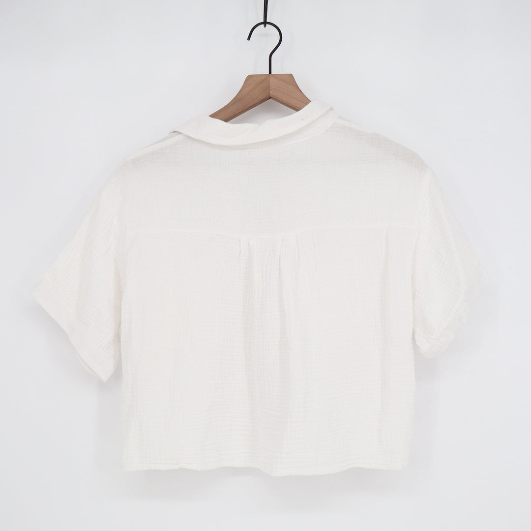Love Notes Womens White Cotton Gauze Button Down Short Sleeve Cropped Shirt L