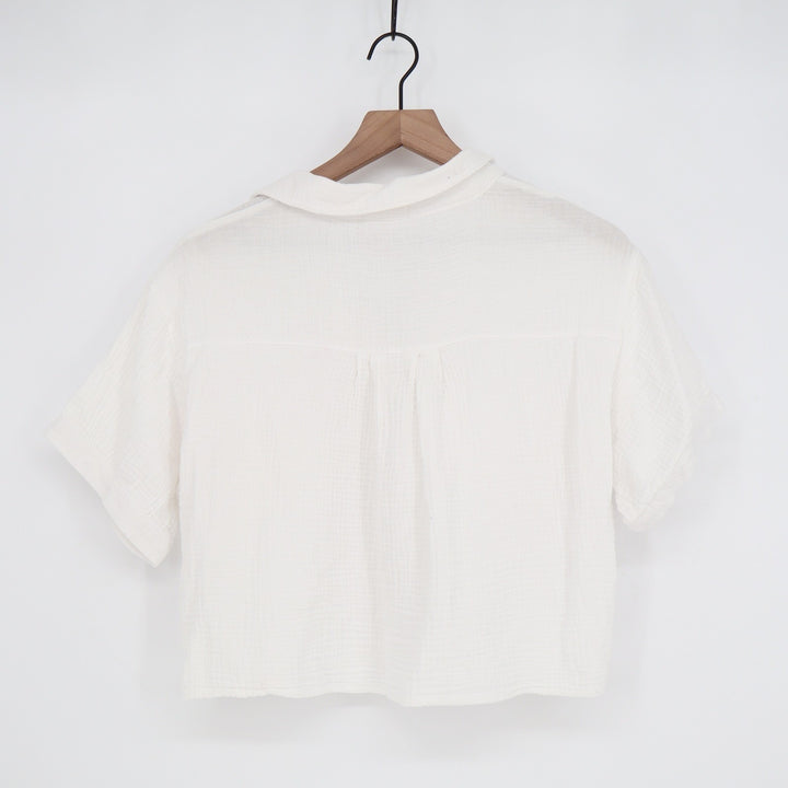 Love Notes Womens White Cotton Gauze Button Down Short Sleeve Cropped Shirt L