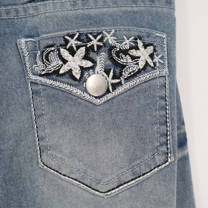 Floral Embroidered Back Pocket Light Wash Straight Leg Stretch Jeans Size L