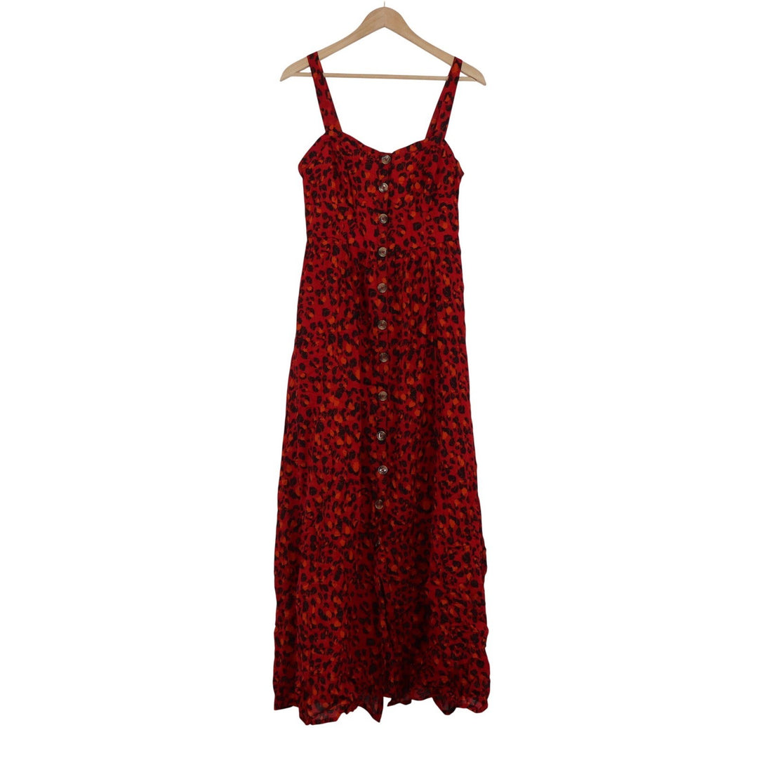 Alya Red Leopard Print Button Front Maxi Dress Smocked Back 79404 Mens Size M