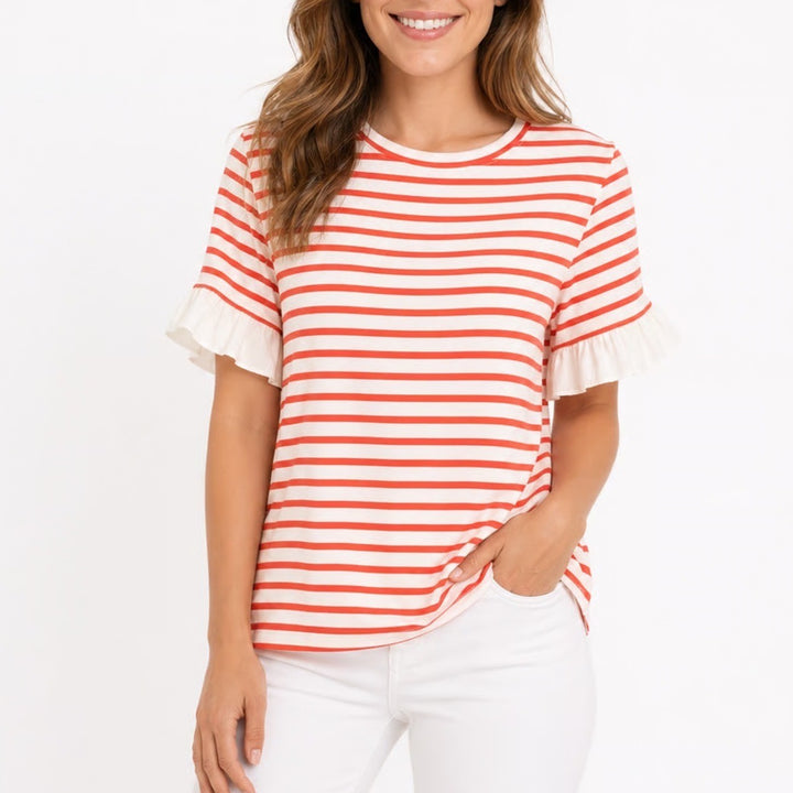 Tankaneo T-Shirt Womens Large Orange White Striped Cotton Stretch Ruffle Sleeve