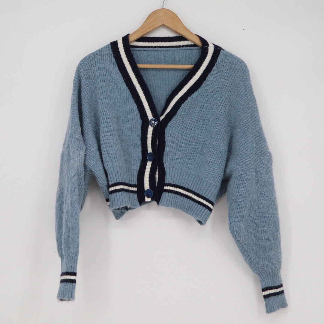 Womens Light Blue Cropped Varsity Cardigan Sweater Striped Trim V-Neck