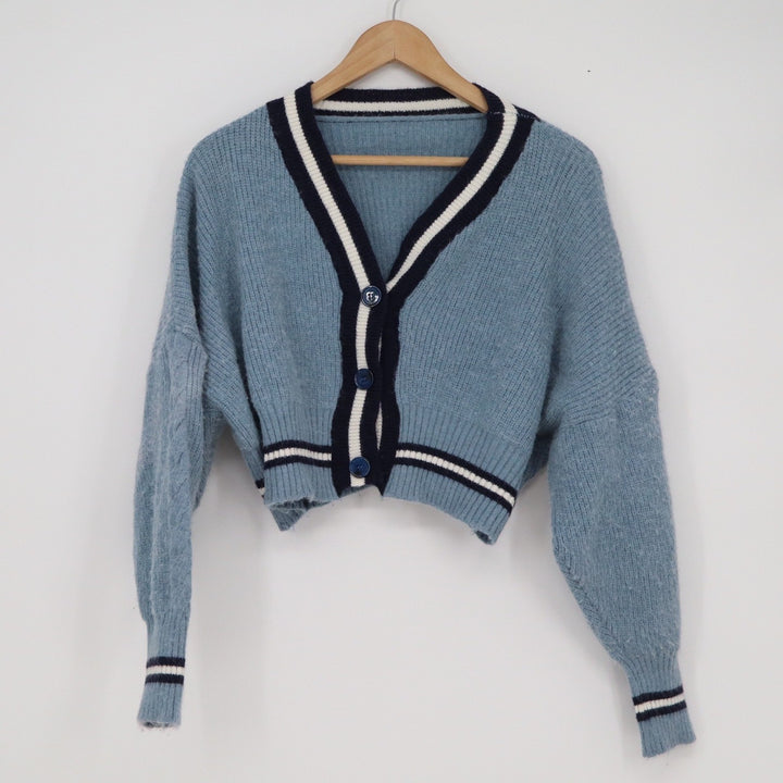 Womens Light Blue Cropped Varsity Cardigan Sweater Striped Trim V-Neck