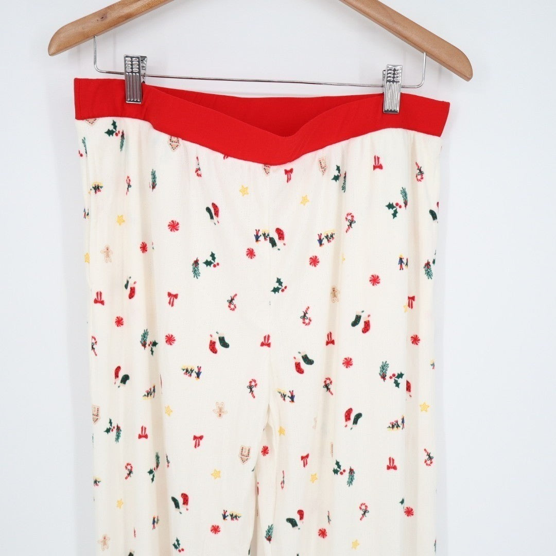 Christmas Pajama Pants Womens XL White Red Holiday Allover Print Stretch Casual