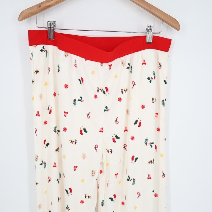 Christmas Pajama Pants Womens XL White Red Holiday Allover Print Stretch Casual