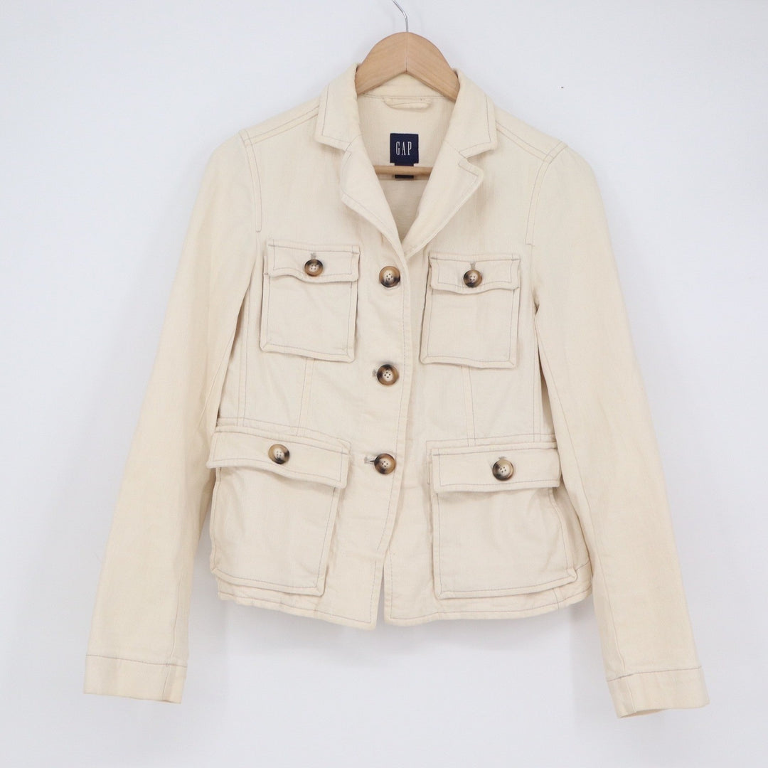 GAP Womens Utility Field Jacket Cream Cotton Stretch Button Front Size 6