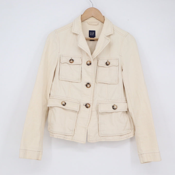 GAP Womens Utility Field Jacket Cream Cotton Stretch Button Front Size 6