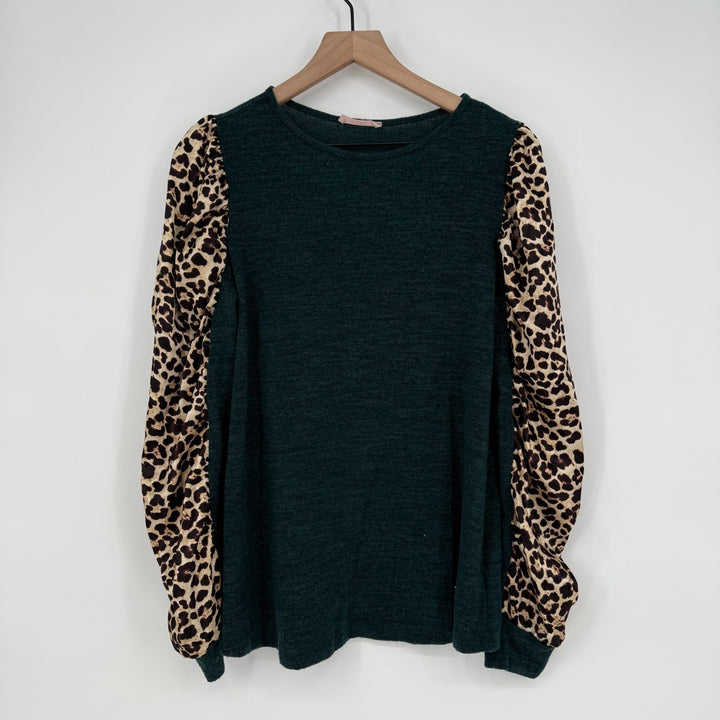 Ces Femme Top Womens Medium Multicolor Leopard Print Tight Knit Puff Sleeve