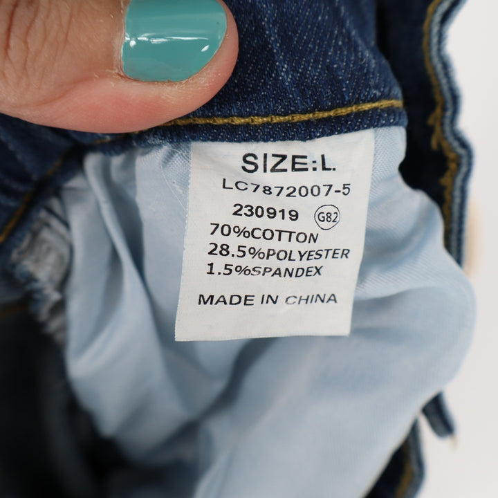 Jeans Womens L Blue Denim Cotton Stretch Mid Rise Drawstring High Waist Wide Leg