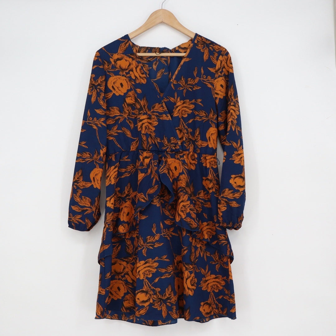Huguest Navy Blue Burnt Orange Floral Wrap Mini Dress Long Sleeve Medium