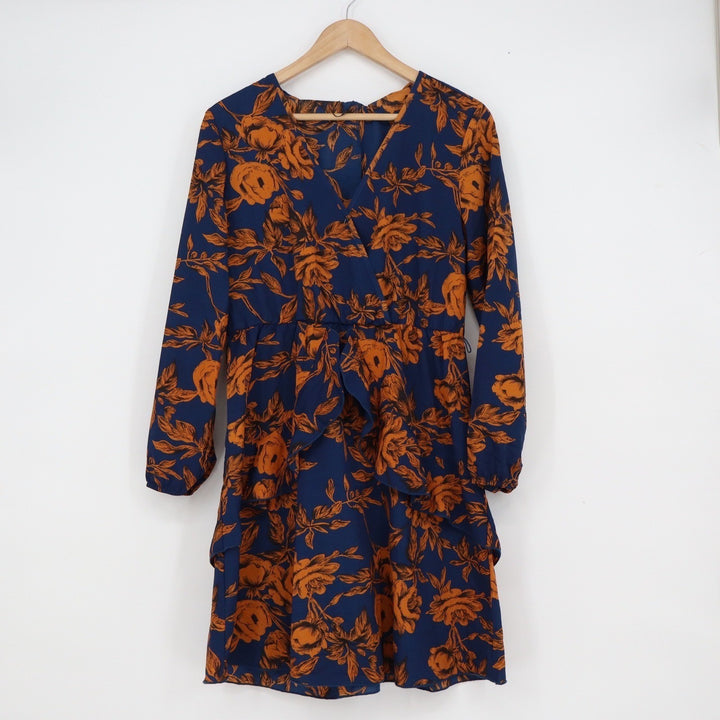 Huguest Navy Blue Burnt Orange Floral Wrap Mini Dress Long Sleeve Medium