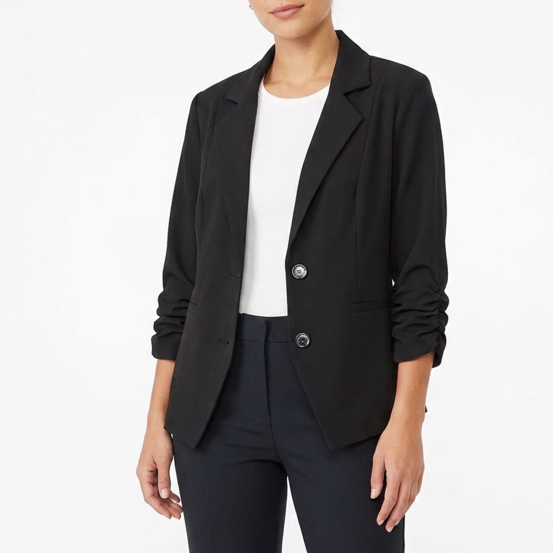 Suzy Shier Blazer Womens M Ruched 3/4 Sleeve Black Stretch Business Excellent