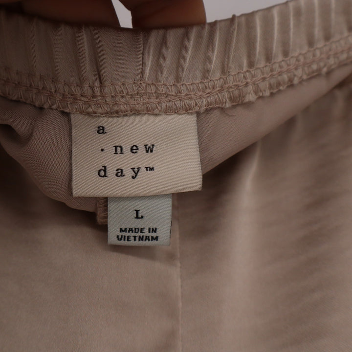 A New Day Womens Wide Leg Satin Trousers Taupe Beige Elastic Waist Size L