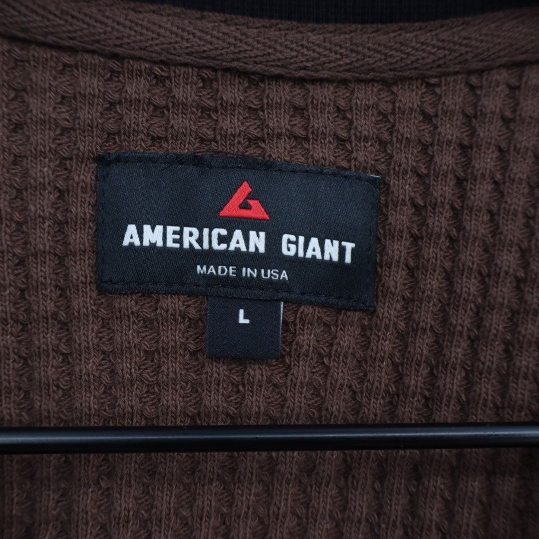 American Giant T-Shirt Mens Large Cocoa Black Colorblock Waffle Knit Henley Neck