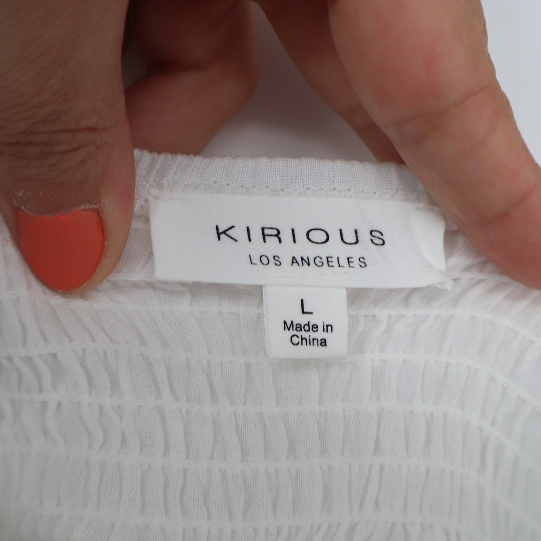 Kirious Los Angeles White Cotton Tie Shoulder Smocked Babydoll Peplum Top Large