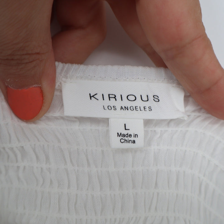 Kirious Los Angeles White Cotton Tie Shoulder Smocked Babydoll Peplum Top Large