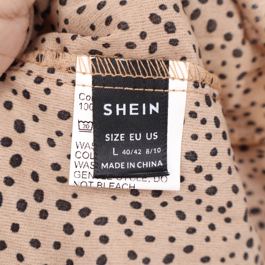 SHEIN Tan Dalmatian Dot V-Neck Peplum Blouse Front Tie Long Sleeve Top Large