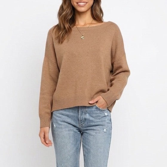 Sweater Womens M Camel Brown Tight Knit Ribbed Long Sleeve Boat Neck Pullover