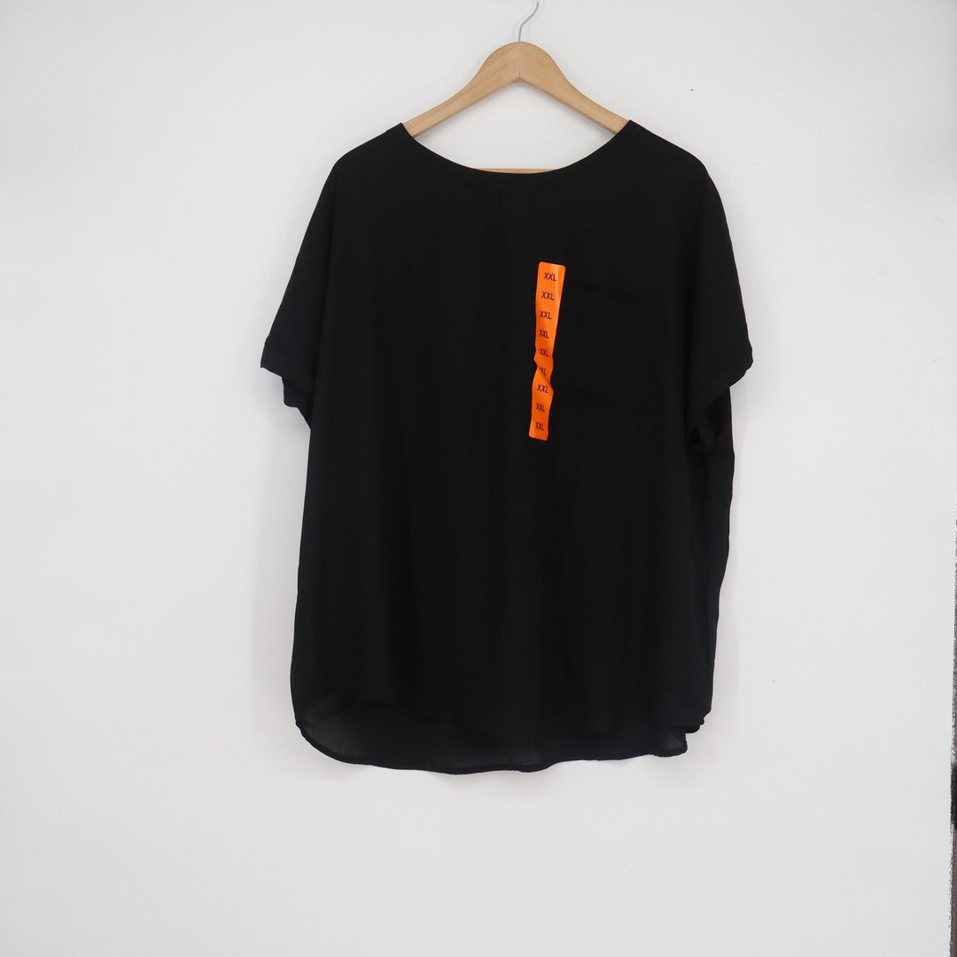Buffalo David Bitton Womens XXL Black Woven Blouse Short Sleeve Pocket Keyhole