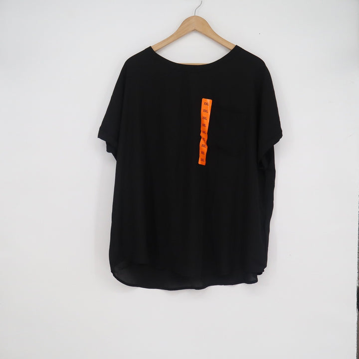 Buffalo David Bitton Womens XXL Black Woven Blouse Short Sleeve Pocket Keyhole