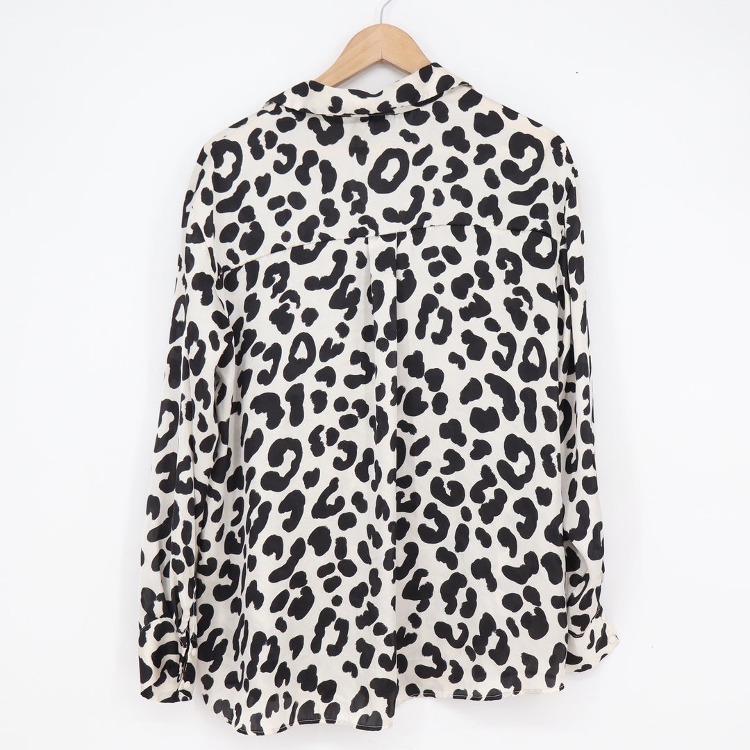 Zara Womens Leopard Print Button Down Blouse Black White Long Sleeve Large Spain