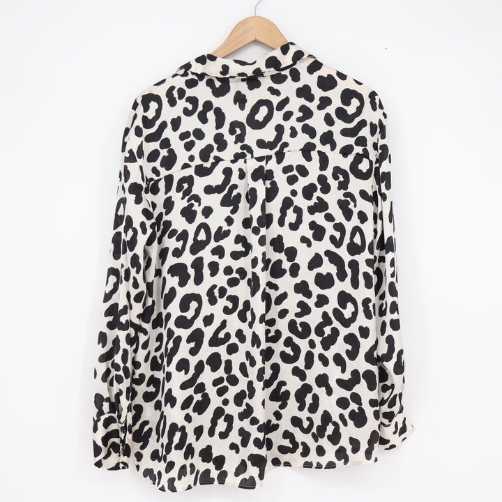 Zara Womens Leopard Print Button Down Blouse Black White Long Sleeve Large Spain