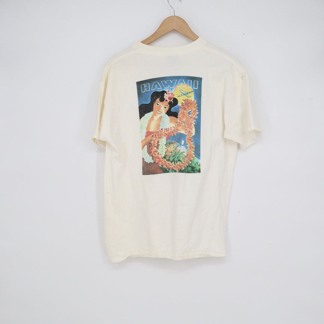 Vintage Oneita Power-T Hula Prints Honolulu Hawaii T-Shirt Large Off-White 90s