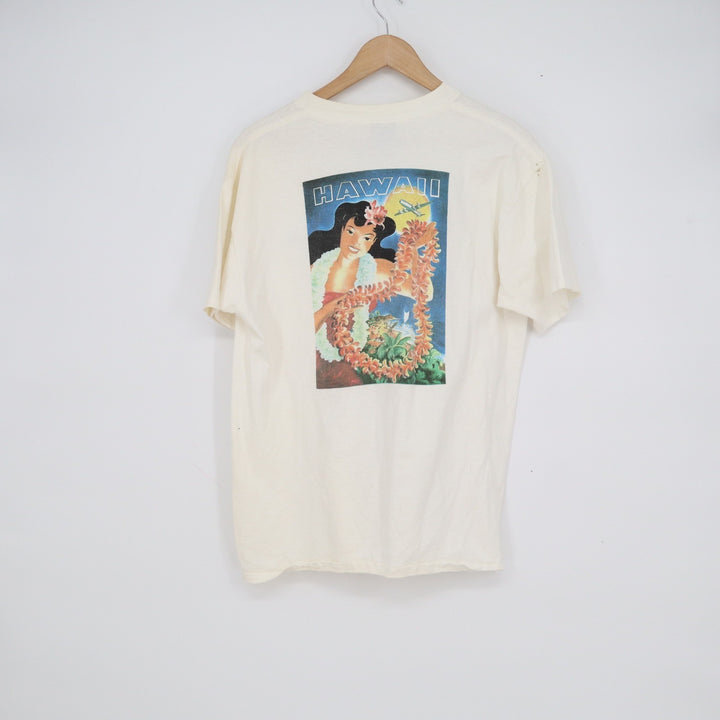 Vintage Oneita Power-T Hula Prints Honolulu Hawaii T-Shirt Large Off-White 90s