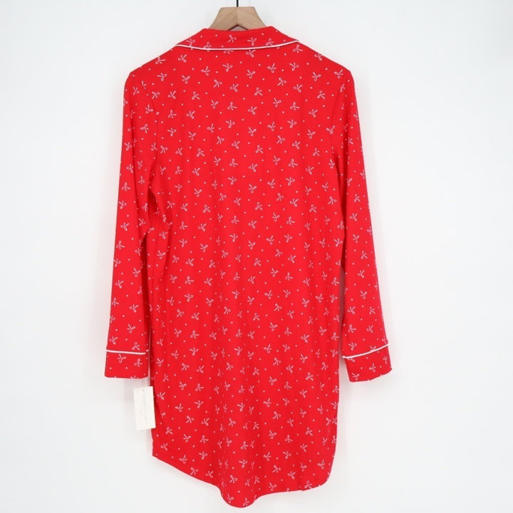 Charter Club Intimates Pajama Shirt Womens S Red Bow Print Stretch Lapel Collar