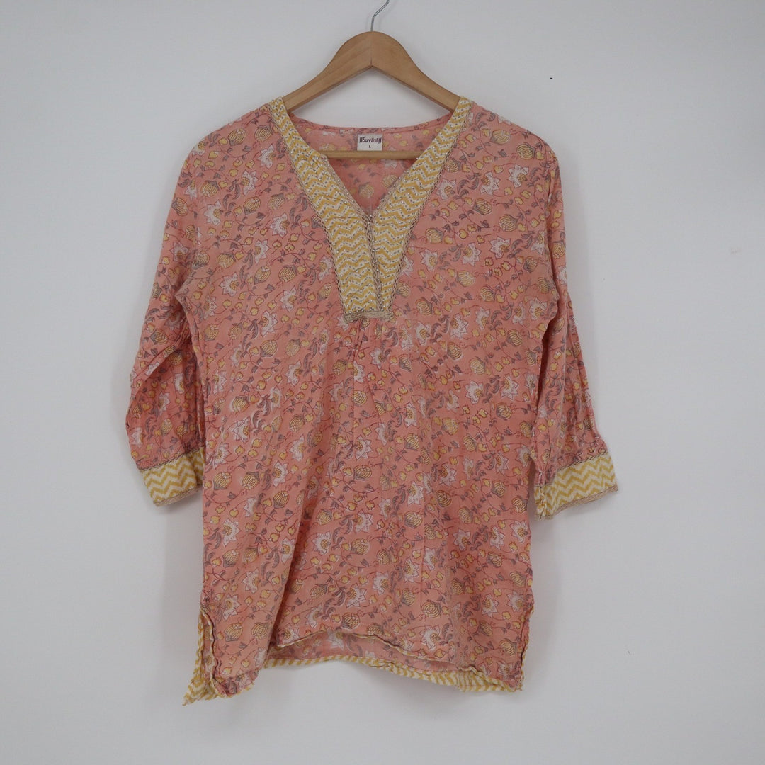 Suvasa Peach Floral Block Print Tunic Top 3/4 Sleeve V-Neck Boho Kurti Large