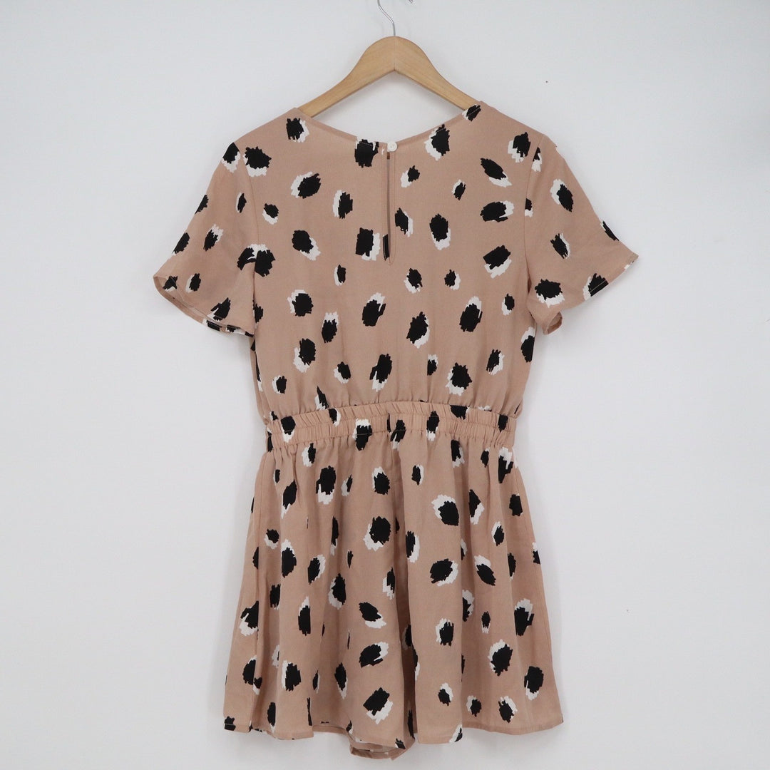 SHEIN Tan Abstract Polka Dot Romper V-Neck Short Sleeve Drawstring Waist Small