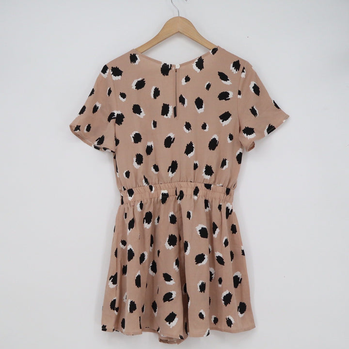 SHEIN Tan Abstract Polka Dot Romper V-Neck Short Sleeve Drawstring Waist Small